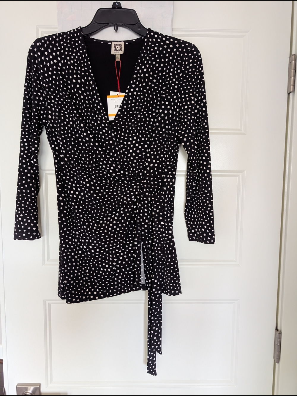 Anne Klein Black and White Polka Dot Wrap Top